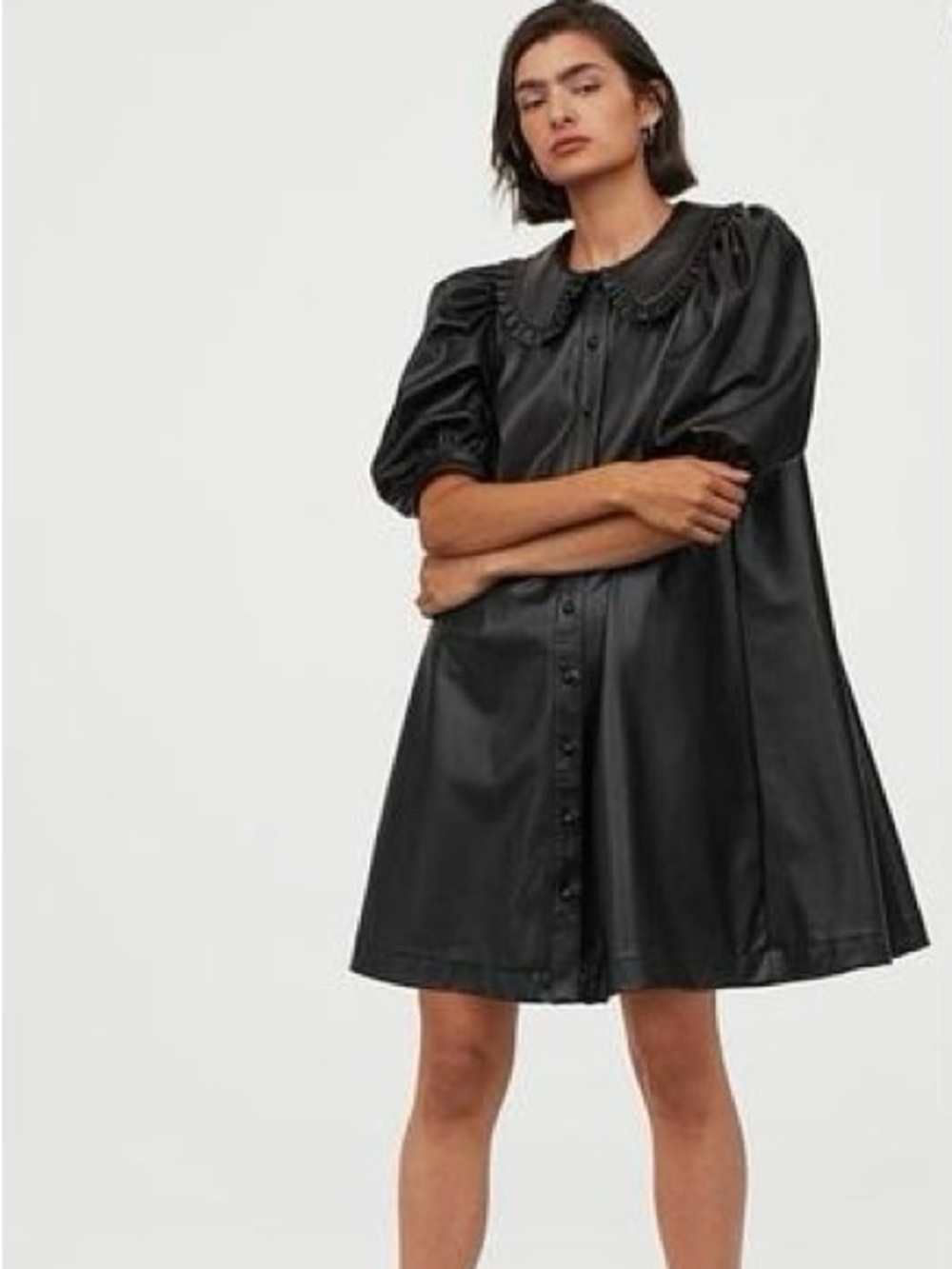 H&M Black Faux Leather Puff-Sleeve Midi Dress